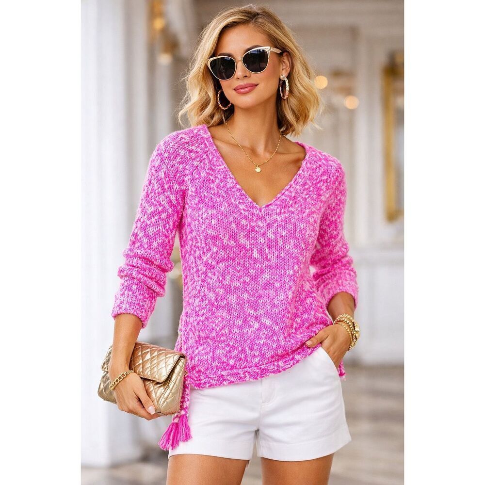 Lilly Pulitzer Mackay Slub V-neck Knit Sweater In The Color Raz Berry Size M